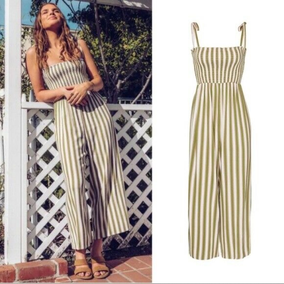 New SHOW ME YOUR MUMU Parton Bella Stripe Smocked Tie Strap Jumpsuit in Green - Picture 3 of 9